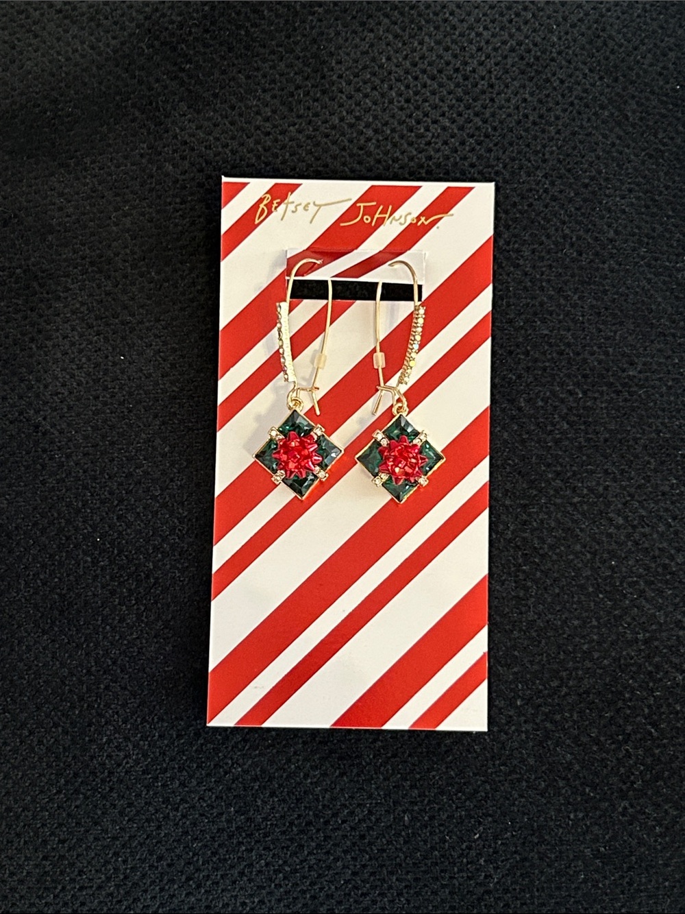 Betsey Johnson Festive Red and Green Package Dangle Earrings w/Rhinestones NWT